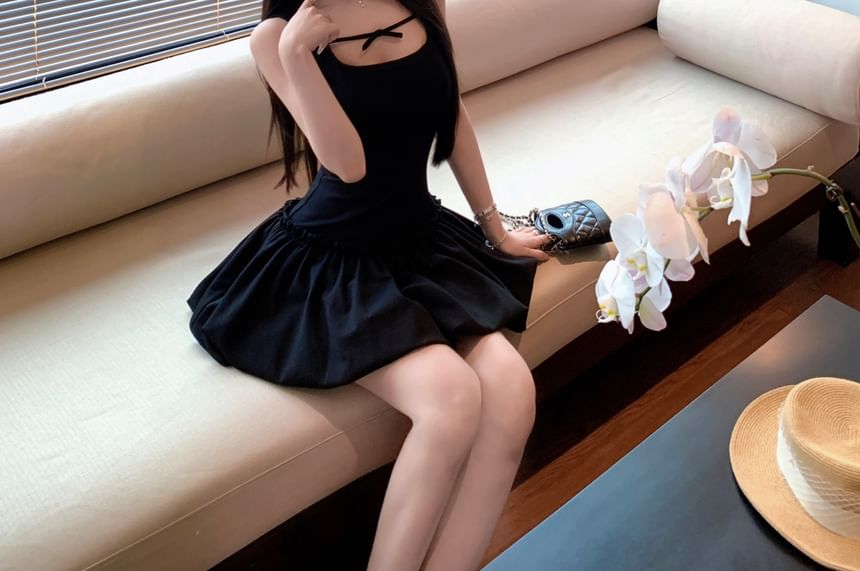 Mini Neck Sleeveless Square A-Line Plain Bow Dress Gathered