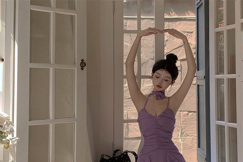 Ruffle Plain Strap A-Line Spaghetti Ruched Mini Dress