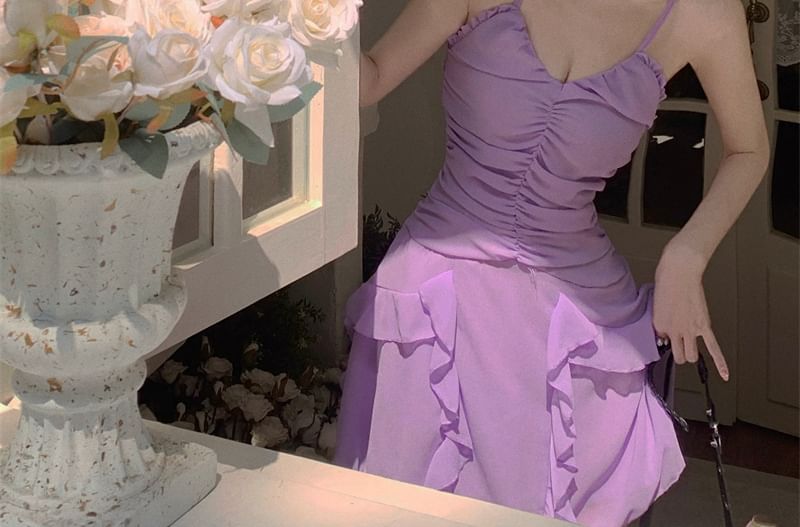 Ruffle Plain Strap A-Line Spaghetti Ruched Mini Dress