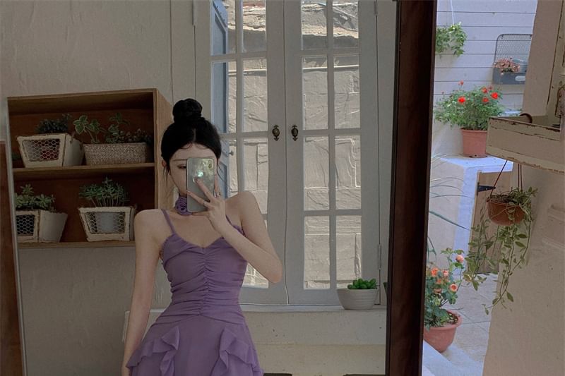 Ruffle Plain Strap A-Line Spaghetti Ruched Mini Dress