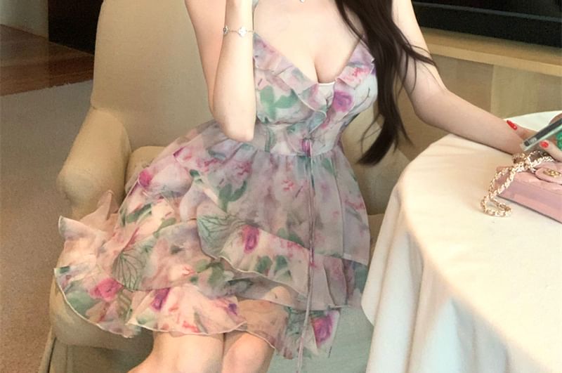 Ruffle A-Line Floral Dress Sleeveless Print Mini V-Neck