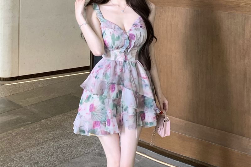 Ruffle A-Line Floral Dress Sleeveless Print Mini V-Neck