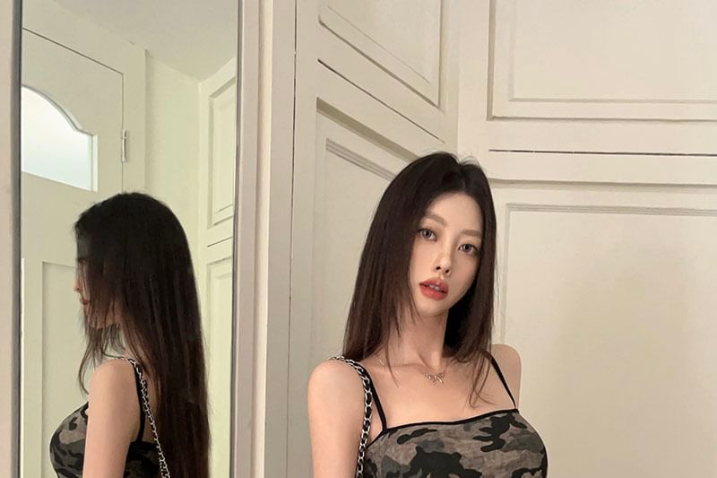 Sheath Strap Camouflage Spaghetti Dress Mini