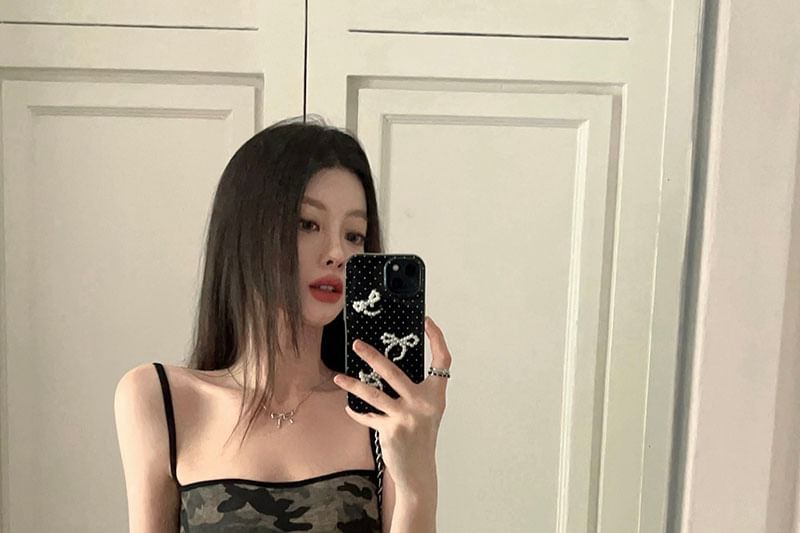 Sheath Strap Camouflage Spaghetti Dress Mini