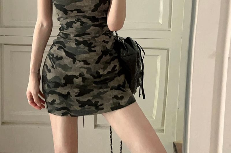 Sheath Strap Camouflage Spaghetti Dress Mini