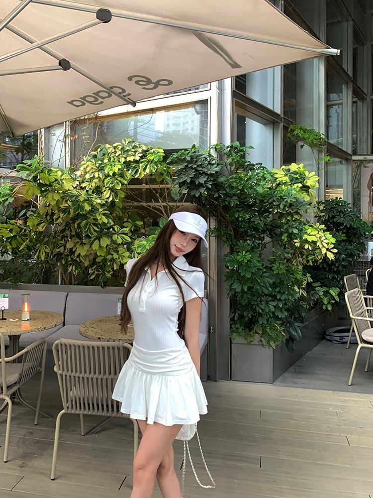 Sleeve Polo Short Ruched A-Line Dress Plain Mini