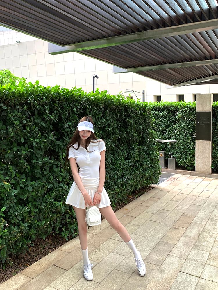 Sleeve Polo Short Ruched A-Line Dress Plain Mini