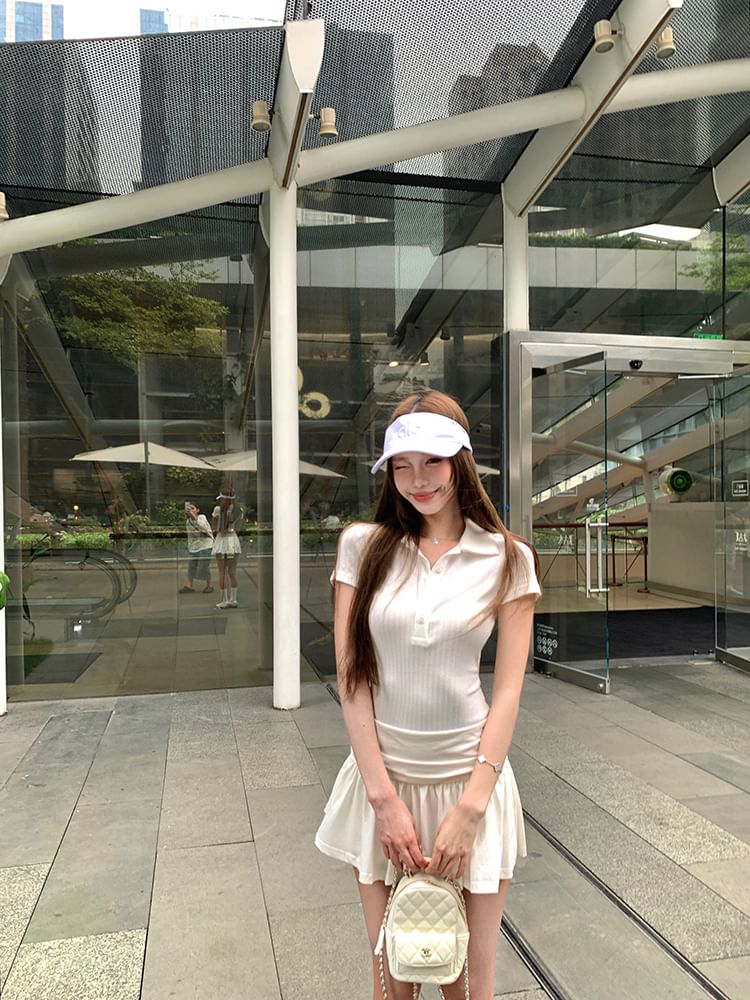 Sleeve Polo Short Ruched A-Line Dress Plain Mini