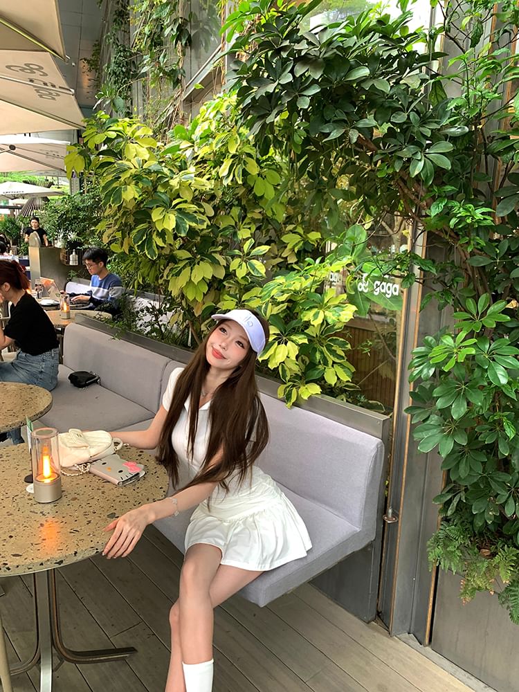 Sleeve Polo Short Ruched A-Line Dress Plain Mini