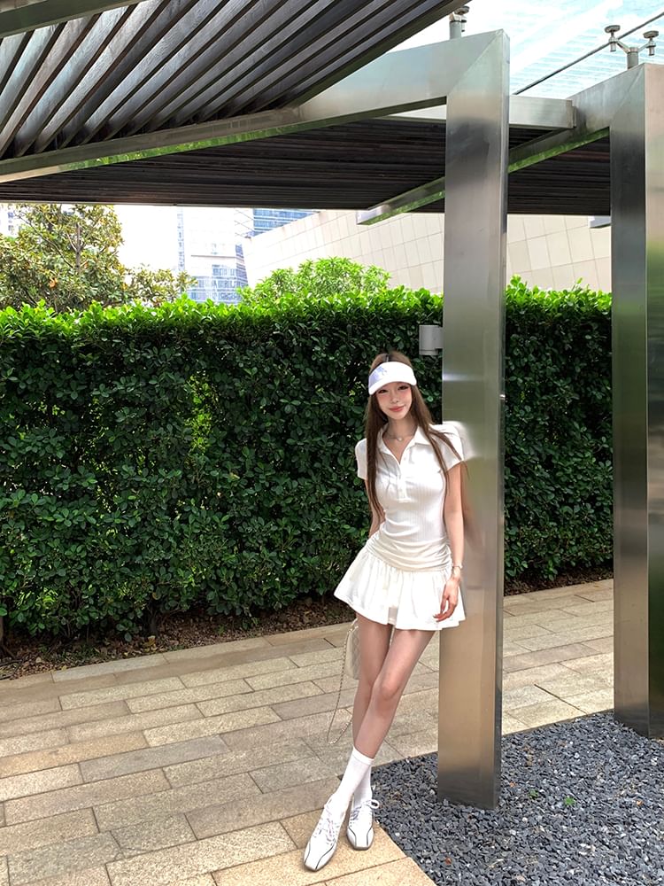 Sleeve Polo Short Ruched A-Line Dress Plain Mini