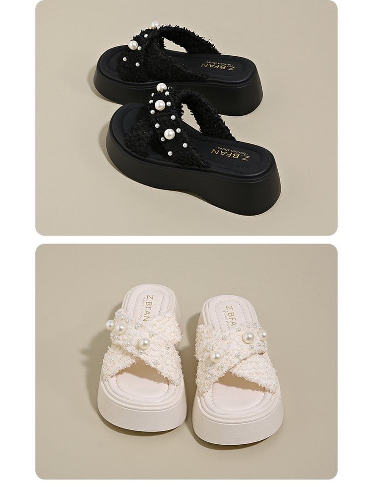 Slide Faux Criss Cross Platform Pearl Sandals