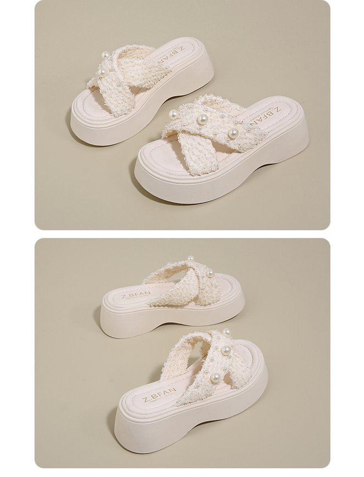 Slide Faux Criss Cross Platform Pearl Sandals