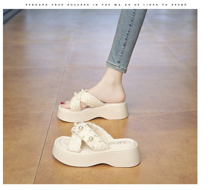 Slide Faux Criss Cross Platform Pearl Sandals