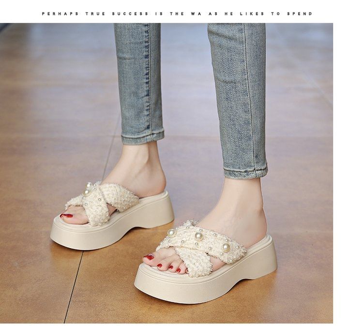 Slide Faux Criss Cross Platform Pearl Sandals