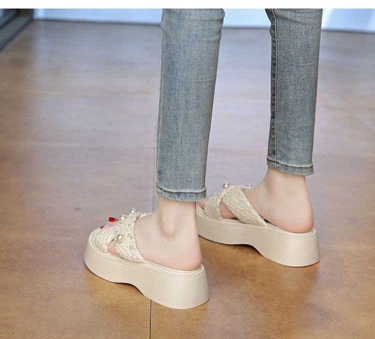 Slide Faux Criss Cross Platform Pearl Sandals