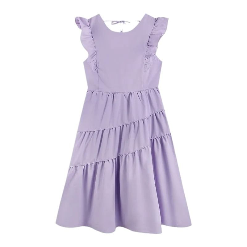 Neck Cap-Sleeve Round Ruffle Plain A-Line Dress Tiered Midi Trim