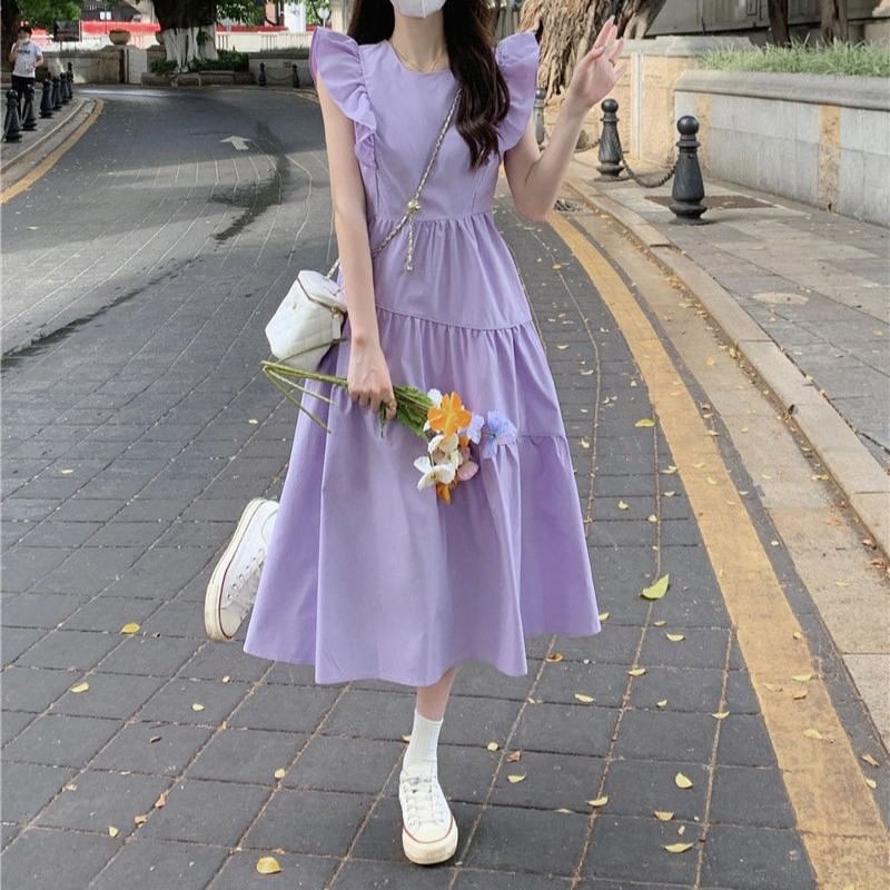 Neck Cap-Sleeve Round Ruffle Plain A-Line Dress Tiered Midi Trim