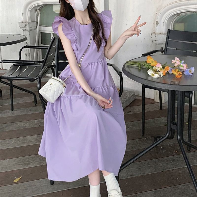Neck Cap-Sleeve Round Ruffle Plain A-Line Dress Tiered Midi Trim