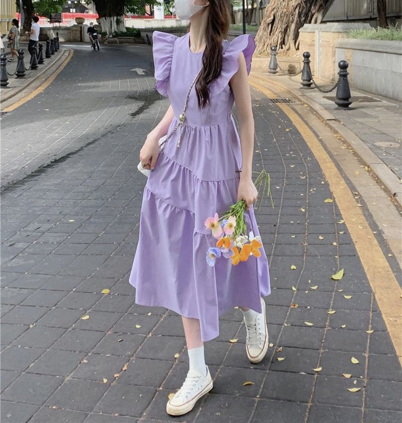Neck Cap-Sleeve Round Ruffle Plain A-Line Dress Tiered Midi Trim