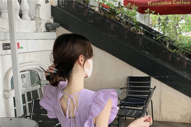 Neck Cap-Sleeve Round Ruffle Plain A-Line Dress Tiered Midi Trim