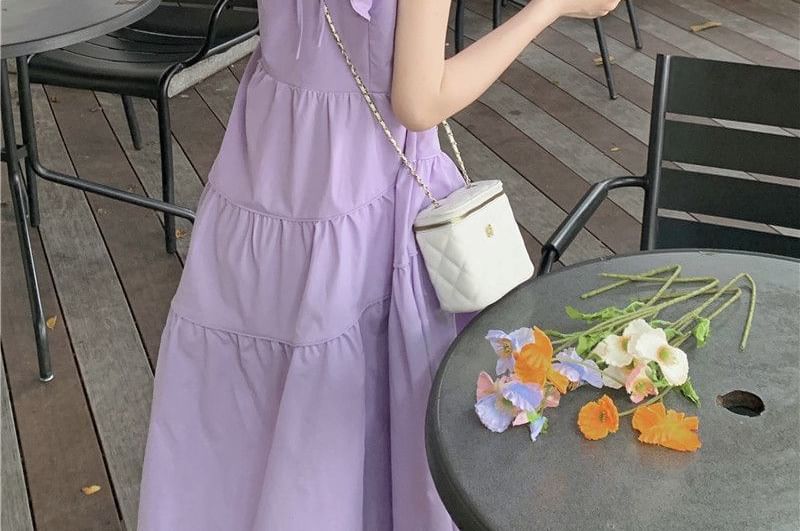 Neck Cap-Sleeve Round Ruffle Plain A-Line Dress Tiered Midi Trim