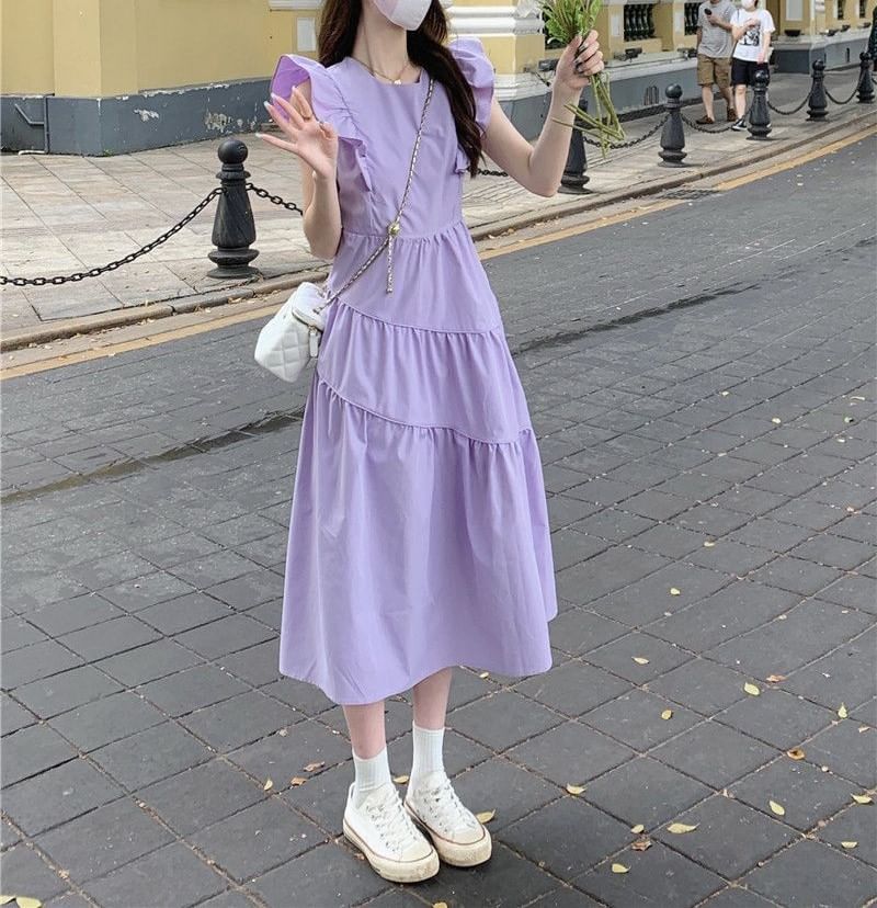 Neck Cap-Sleeve Round Ruffle Plain A-Line Dress Tiered Midi Trim