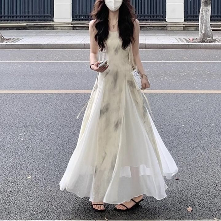 Dress Spaghetti Strap Midi A-Line Print