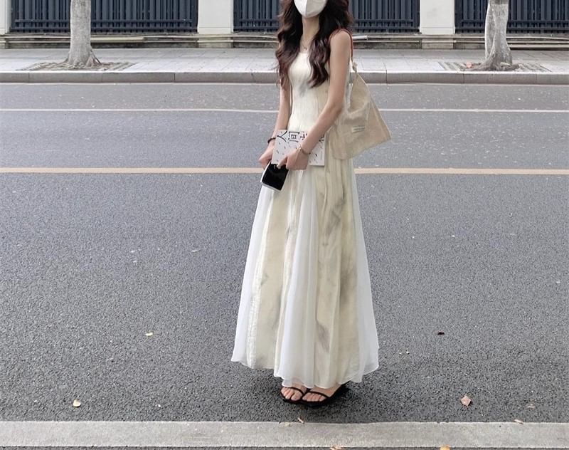 Dress Spaghetti Strap Midi A-Line Print