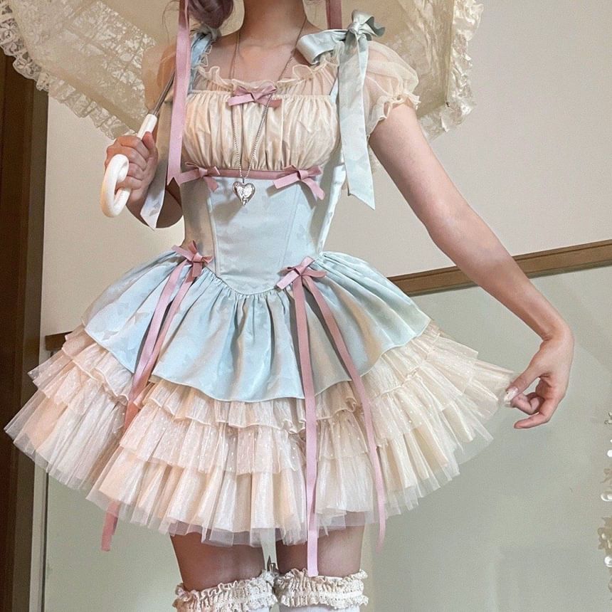 Sleeveless Bow Tiered Mesh Panel Mini A-Line Dress / Puff-Sleeve Scoop Neck Mesh Top / Petticoat Skirt / Set