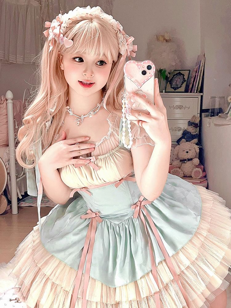 Sleeveless Bow Tiered Mesh Panel Mini A-Line Dress / Puff-Sleeve Scoop Neck Mesh Top / Petticoat Skirt / Set