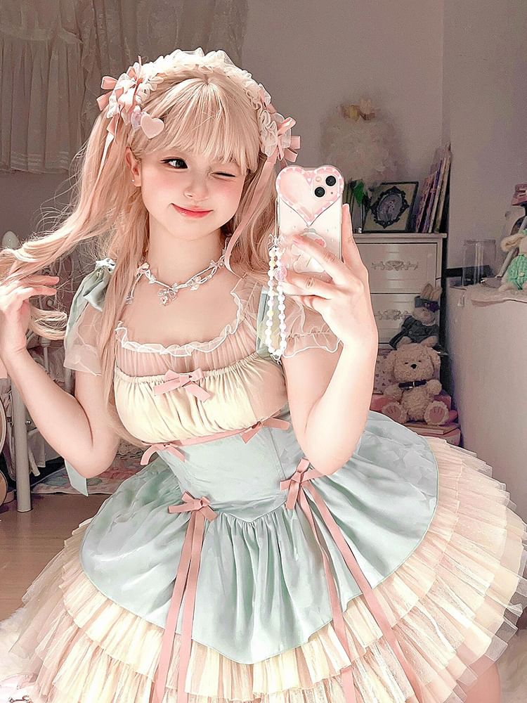 Sleeveless Bow Tiered Mesh Panel Mini A-Line Dress / Puff-Sleeve Scoop Neck Mesh Top / Petticoat Skirt / Set