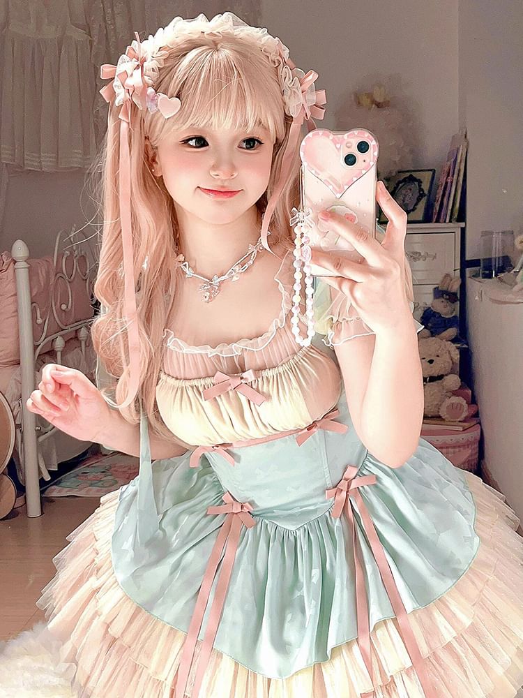 Sleeveless Bow Tiered Mesh Panel Mini A-Line Dress / Puff-Sleeve Scoop Neck Mesh Top / Petticoat Skirt / Set