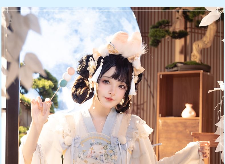 Sleeveless Rabbit Print Lace Trim A-Line Dress / Long-Sleeve V-Neck Contrast Trim Wrap Blouse / Petticoat Skirt / Set