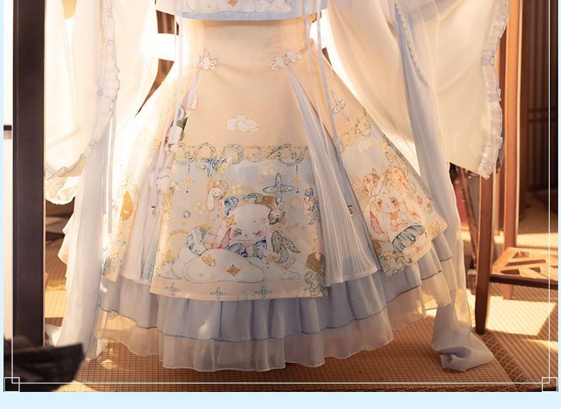 Sleeveless Rabbit Print Lace Trim A-Line Dress / Long-Sleeve V-Neck Contrast Trim Wrap Blouse / Petticoat Skirt / Set