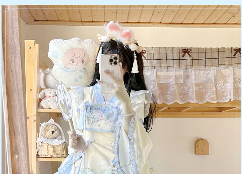 Sleeveless Rabbit Print Lace Trim A-Line Dress / Long-Sleeve V-Neck Contrast Trim Wrap Blouse / Petticoat Skirt / Set