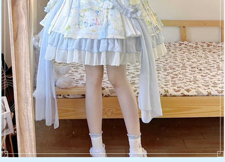 Sleeveless Rabbit Print Lace Trim A-Line Dress / Long-Sleeve V-Neck Contrast Trim Wrap Blouse / Petticoat Skirt / Set