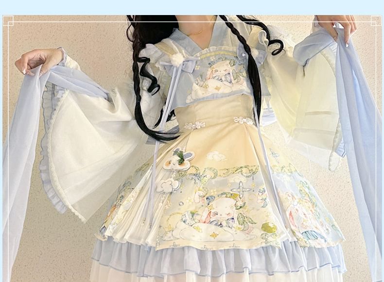 Sleeveless Rabbit Print Lace Trim A-Line Dress / Long-Sleeve V-Neck Contrast Trim Wrap Blouse / Petticoat Skirt / Set