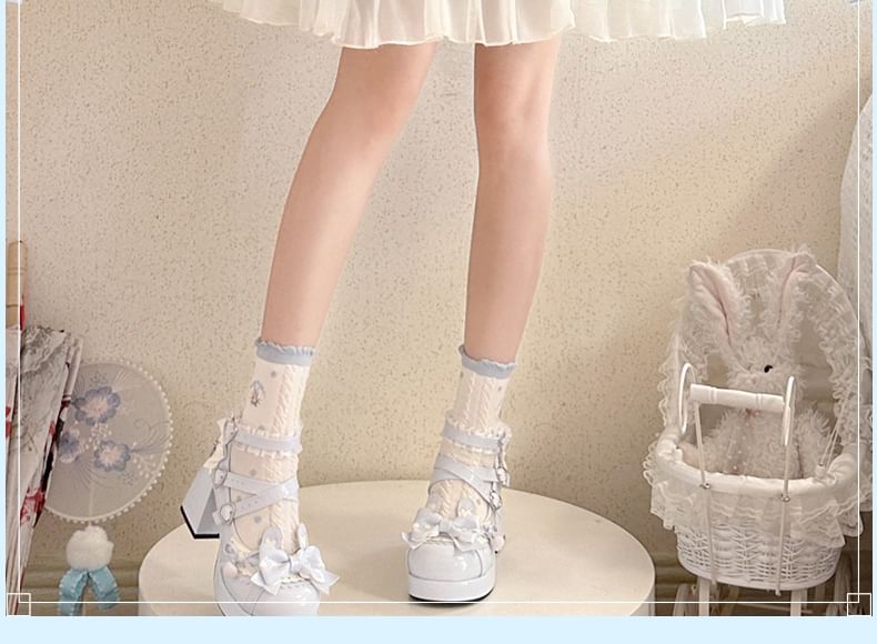 Sleeveless Rabbit Print Lace Trim A-Line Dress / Long-Sleeve V-Neck Contrast Trim Wrap Blouse / Petticoat Skirt / Set