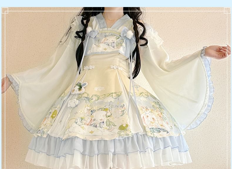 Sleeveless Rabbit Print Lace Trim A-Line Dress / Long-Sleeve V-Neck Contrast Trim Wrap Blouse / Petticoat Skirt / Set