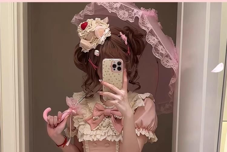 Short-Sleeve Bow Lace Panel Tiered Mini A-Line Dress / Arm Sleeves / Fascinator Hat / Hair Clip / Set