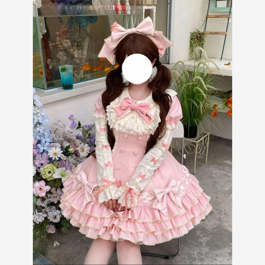 Short-Sleeve Bow Lace Panel Tiered Mini A-Line Dress / Arm Sleeves / Fascinator Hat / Hair Clip / Set