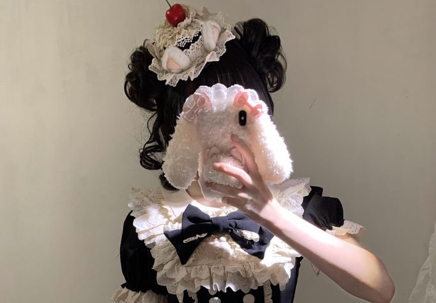 Short-Sleeve Bow Lace Panel Tiered Mini A-Line Dress / Arm Sleeves / Fascinator Hat / Hair Clip / Set