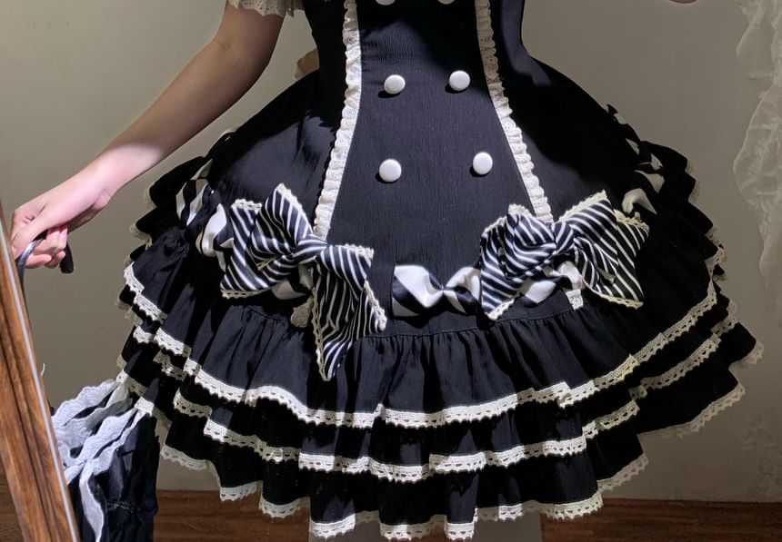 Short-Sleeve Bow Lace Panel Tiered Mini A-Line Dress / Arm Sleeves / Fascinator Hat / Hair Clip / Set