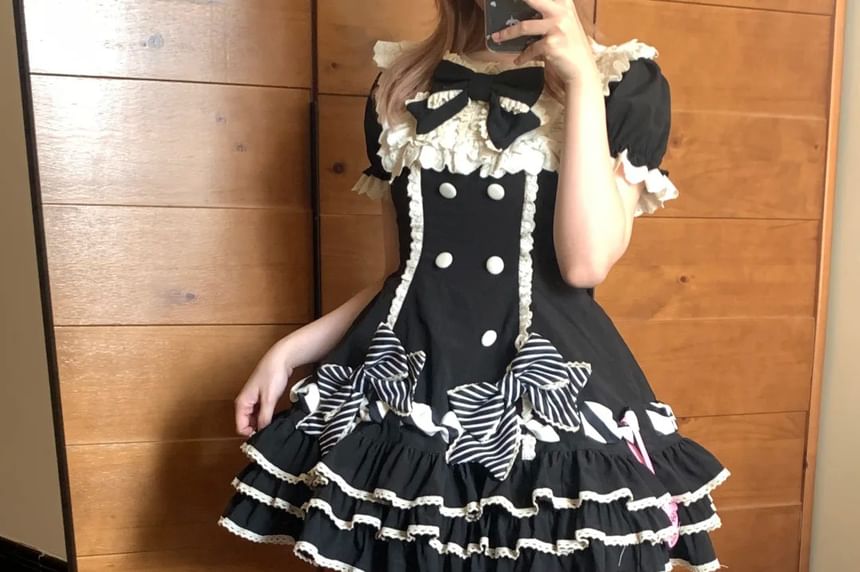 Short-Sleeve Bow Lace Panel Tiered Mini A-Line Dress / Arm Sleeves / Fascinator Hat / Hair Clip / Set