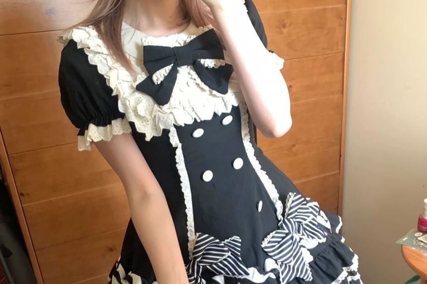 Short-Sleeve Bow Lace Panel Tiered Mini A-Line Dress / Arm Sleeves / Fascinator Hat / Hair Clip / Set