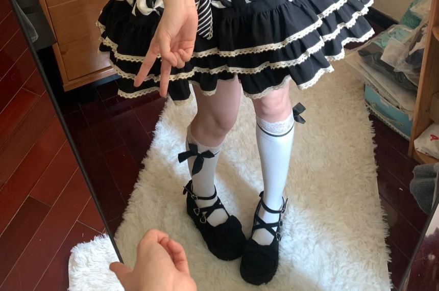 Short-Sleeve Bow Lace Panel Tiered Mini A-Line Dress / Arm Sleeves / Fascinator Hat / Hair Clip / Set