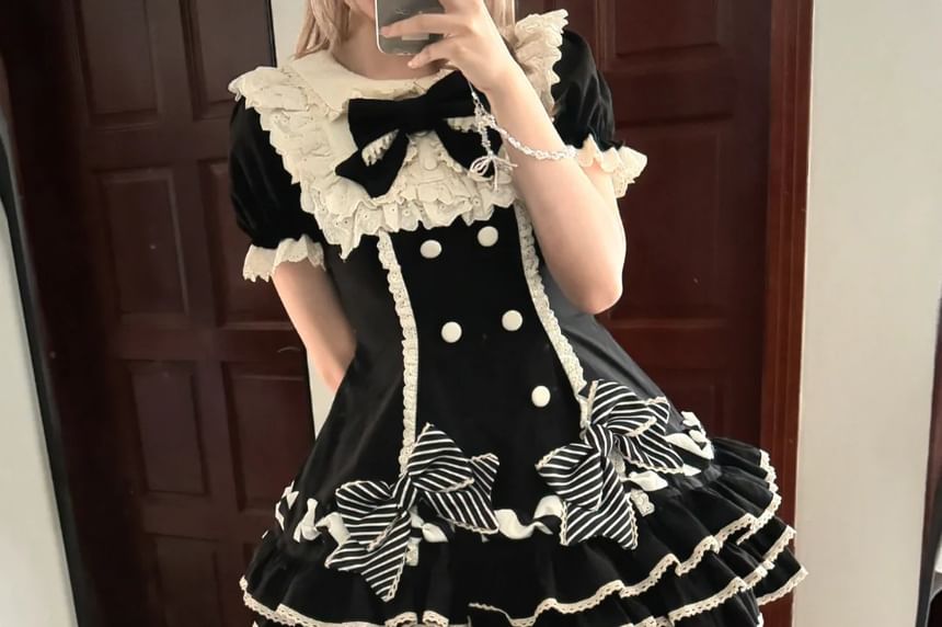 Short-Sleeve Bow Lace Panel Tiered Mini A-Line Dress / Arm Sleeves / Fascinator Hat / Hair Clip / Set