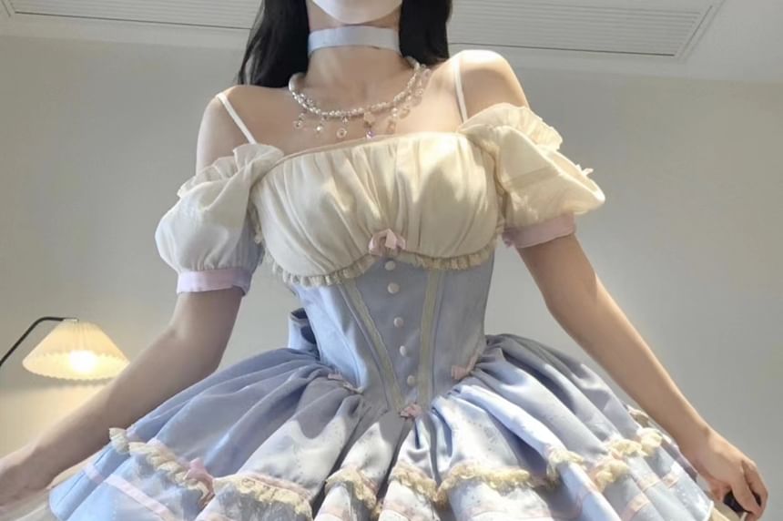 Halter Bow Lace Trim A-Line Corset Dress / Puff Arm Sleeves / Bow / Petticoat Skirt / Set