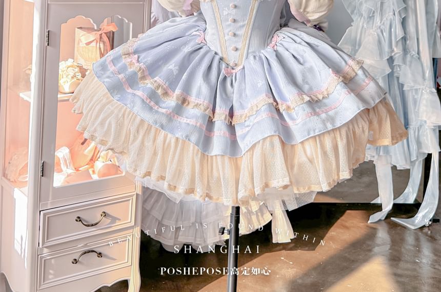 Halter Bow Lace Trim A-Line Corset Dress / Puff Arm Sleeves / Bow / Petticoat Skirt / Set