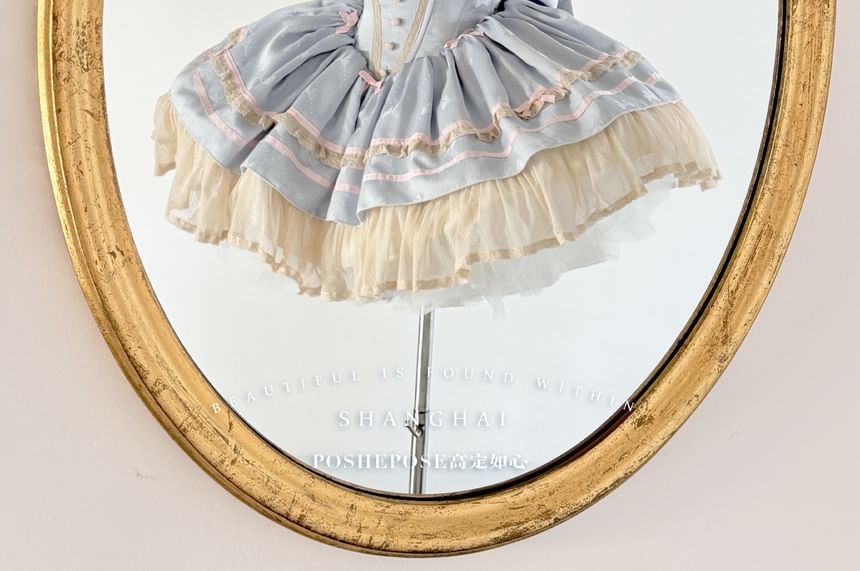 Halter Bow Lace Trim A-Line Corset Dress / Puff Arm Sleeves / Bow / Petticoat Skirt / Set